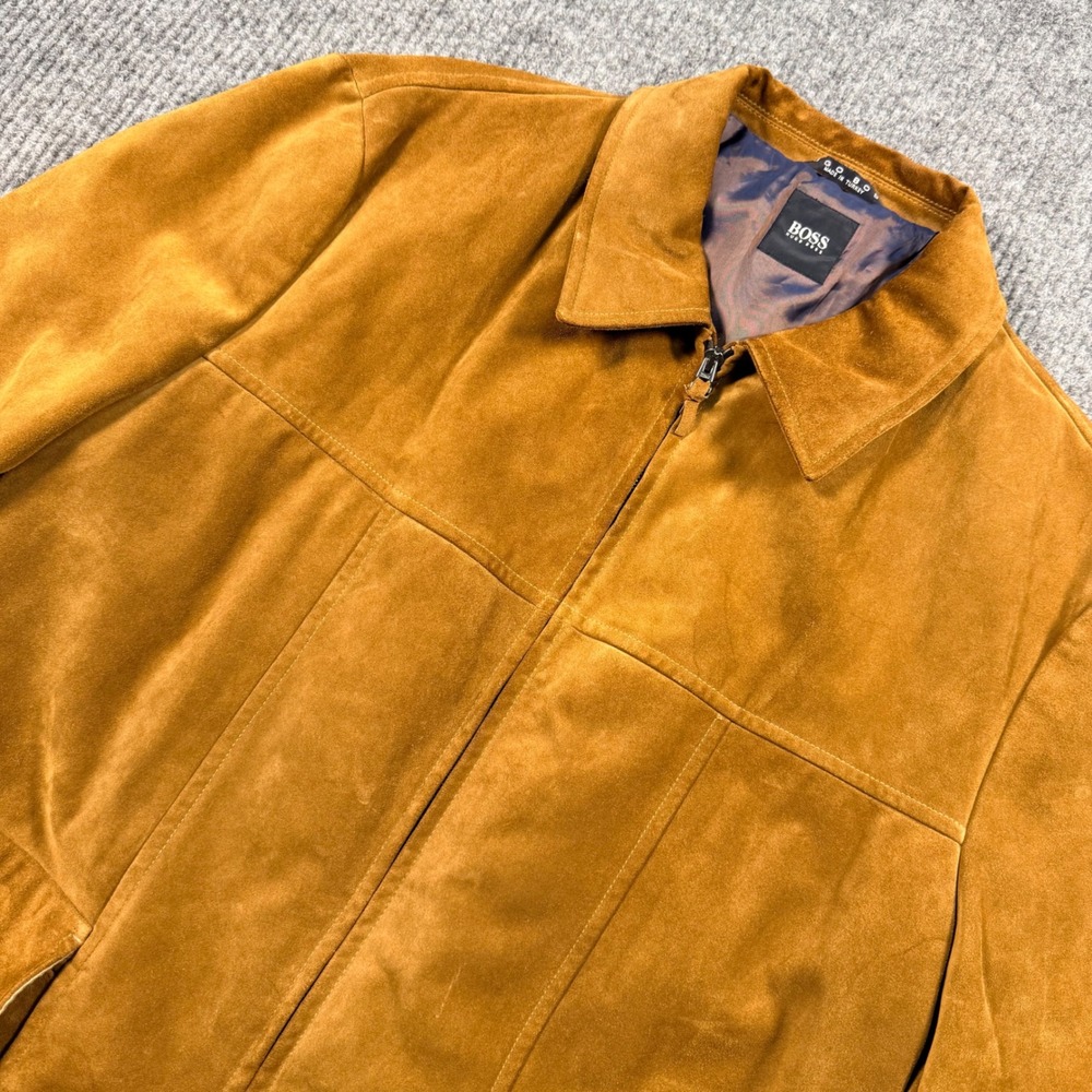 Hugo Boss Cinston Mens 48R Cognac Suede Calfskin Leather Jacket Full Zip